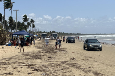 Foto mostra faixa de areia do Pontal do Peba com barracas, banhistas, carros e ônibus