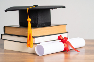 Foto mostra uma pilha de três livros de capa dura disposta sobre uma mesa de madeira, com um capelo preto de borla amarela no topo e um diploma enrolado com laço vermelho à frente. O fundo é neutro e claro.