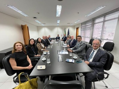 visitastcnicas.jpg A foto mostra uma reunião formal em uma sala de conferências, com cerca de 14 pessoas sentadas ao redor de uma longa mesa preta. Os participantes vestem trajes executivos (ternos e blazers) e o ambiente conta com bandeiras ao fundo, documentos e xícaras de café sobre a mesa. A iluminação é clara e profissional, com grandes janelas de persiana ao lado direito.