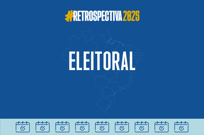 Imagem de fundo azul e um mapa do Brasil ao fundo, com o texto #Retrospectiva2025 Eleitoral. Na parte de baixo tem uma listra em azul claro com a figura de vários calendários. 