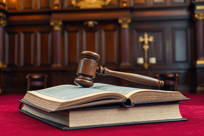 Foto mostra martelo de madeira sobre livros jurídicos em um cenário de tribunal com painéis de madeira e símbolo da balança da justiça ao fundo.