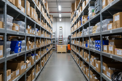 Foto em perspectiva de um corredor de estoque organizado. Em ambos os lados, prateleiras metálicas altas estão repletas de caixas de papelão, organizadores de plástico transparente e bandejas azuis. Ao fundo, no centro do corredor, veem-se uma escada de abrir, um engradado de madeira e parte de uma empilhadeira laranja sob luzes de teto fluorescentes.