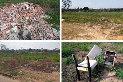 Montagem de quatro fotos mostrando um terreno abandonado com grandes pilhas de entulho de construção, vegetação alta e móveis velhos descartados a céu aberto.