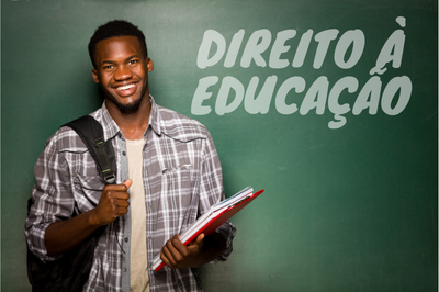 Arte com foto de jovem estudante negro, em frente a uma lousa onde se lê a expressão "direito à educação"