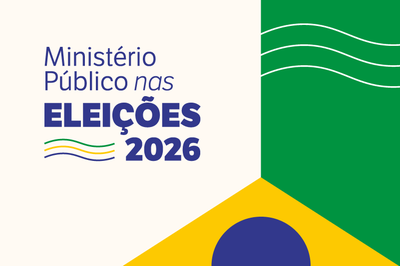 Banner institucional do Ministério Público Federal sobre as Eleições 2026. À esquerda, em fundo branco, o texto em azul marinho: 'Ministério Público nas ELEIÇÕES 2026', acompanhado de três linhas onduladas nas cores verde, amarelo e azul. À direita, elementos geométricos modernos que remetem à bandeira do Brasil, com uma faixa vertical verde e detalhes em amarelo e azul no canto inferior.